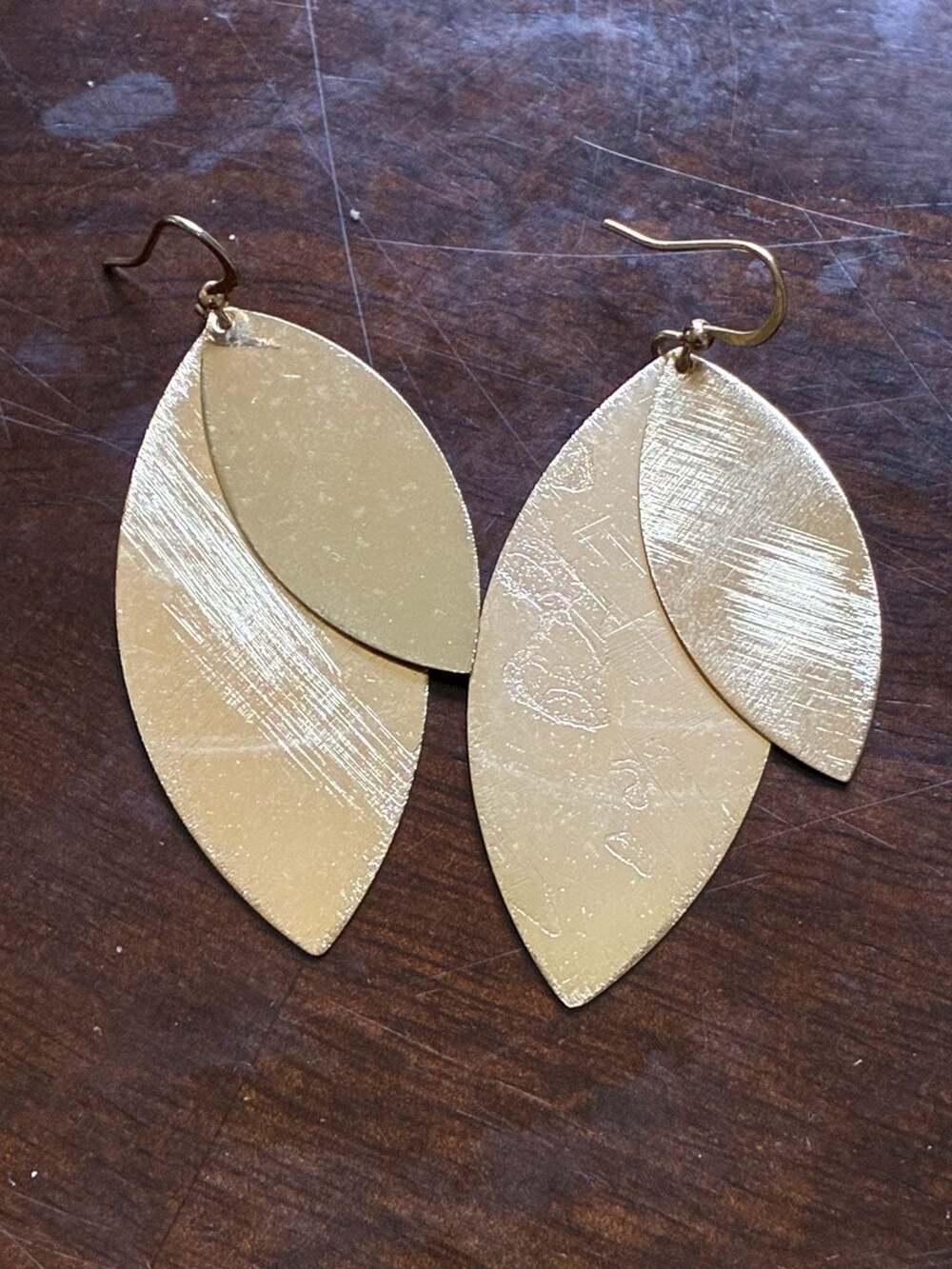 Brushed Gold Layered Marquise Leaf Drop Earrings